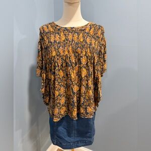 Free People Smocked Floral Peasant Blouse Blue Gold Boho Flowy Top L
